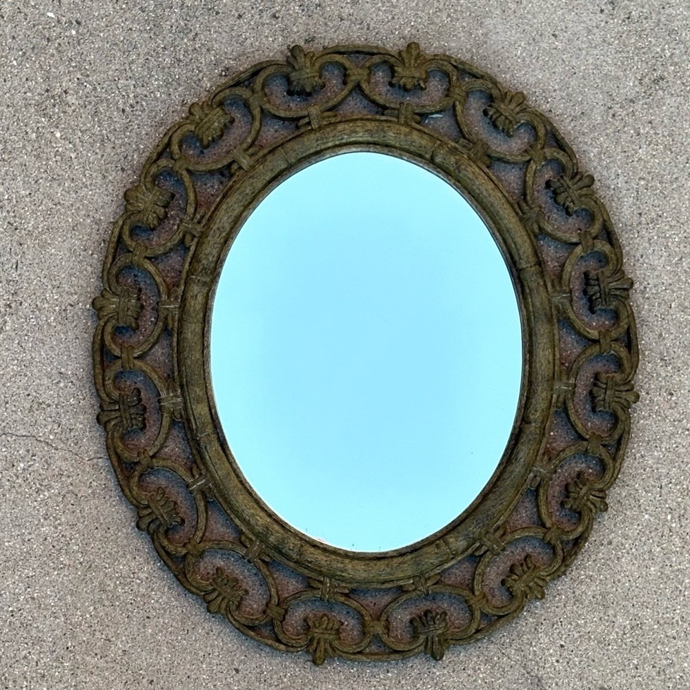 Vintage 70s boho oval mirror faux metal wall hanging home decor